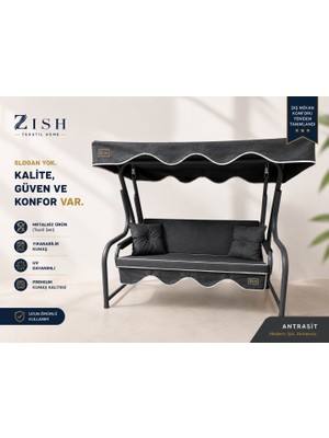 Zish Home 3 Kişilik Bahçe Balkon Salıncak Minderi Takımı | Fermuarlı Yıkanabilir Kılıflı Tekstil Seti | 24 DNS 8 cm Sünger | Oturak Minderi, Sırt Minderi, Tente, 2 Kolçak ve 2 Kırlent | 164×48×8 cm