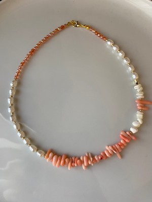 Anetta Jewelry Kadın Turuncu Mercan ve Doğal Taş Incili Tasarım Kolye( 40 Cm)