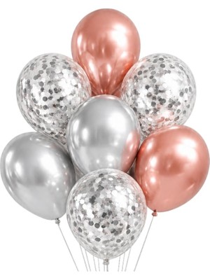 Patladı Gitti Mezuniyet Parti Seti – Rose Gold Gümüş Kutup Yıldızlı Premium Konsept 10’lu Balon Seti