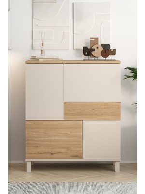 Yurudesign Mood Çok Amaçlı Dolap Ahşap Ayaklı 4 Kapaklı Çekmeceli Kumsal-Sepet Md3-Cs