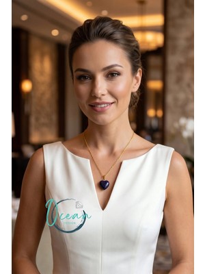 Ocean Desing Ocean Design Işıltılı Gece Mavisi Yıldız Taşı Kalp Kadın Kolye - 45 cm Kararmaz Zincir Doğal Taş