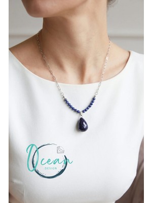 Ocean Desing Doğal Safir Taşı Dizili Damla Yıldız Taşı Uçlu Detaylı El Yapımı Tasarım Kadın Kararmaz Çelik Kolye 45 cm
