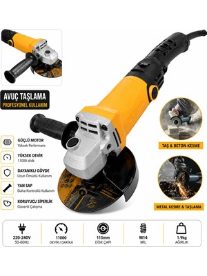 Moonshop Alman Teknoloji Bakır Sargılı 550 W 115 mm Devir Ayarlı Spiral Avuç Içi Kesme ve Taşlama Makinası