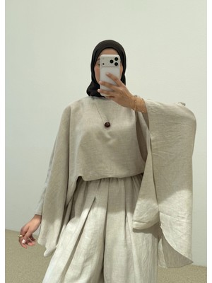 Moda Aksa Keten Pelerin Ikili Takım Naturel