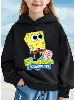 Afri Spongebob Kare Pantolon Baskılı Siyah Çocuk Kapüşonlu Sweatshirt | Unisex, Pamuklu, Uzun Kollu, Sünger Bob ve Gary