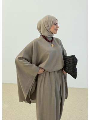 Moda Aksa Keten Pelerin Ikili Takım Vizon