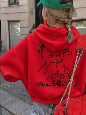 Afri Sevimli Ayıcık Figürlü Rahat Kalıp Çocuk Kırmızı Sweatshirt