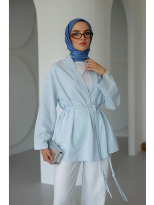 Moonsc Kadın Regular Fit V Yaka Kemerli Standart Beden Mavi Kimono