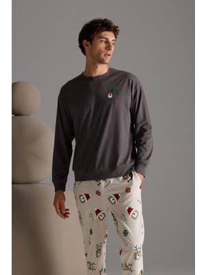 Syah Erkek Pamuklu Uzun Kollu Pijama Üstü