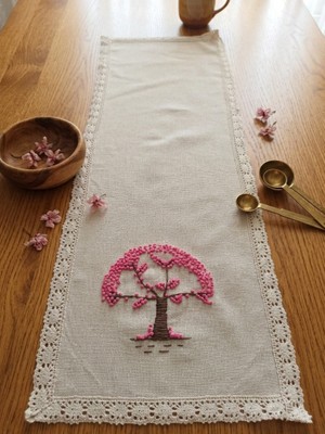 Denizli Hatırası %100 El Işi Nakışlı Vintage Güpürlü Naturel Keten Kumaş Kalp Temalı Runner