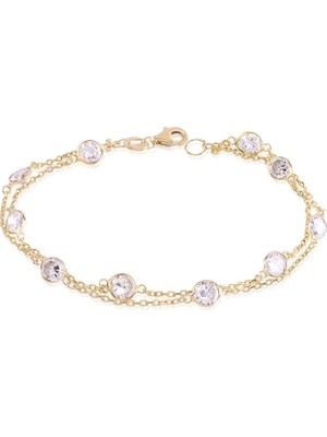 Emiliano Jewellery Emılıano Jewellery Zirkon Taşlı Pırlanta Montür Altın Kaplama Iki Sıra Zincirli Gümüş Bileklik