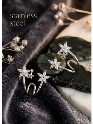Stainless Steel Pirinç Gümüş Renk Zirkon Taşlı Çiçek Model Kadın Küpe