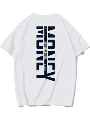 Brz Collection Unisex Oversize Yan Baskılı Money T-Shirt (Beyaz)