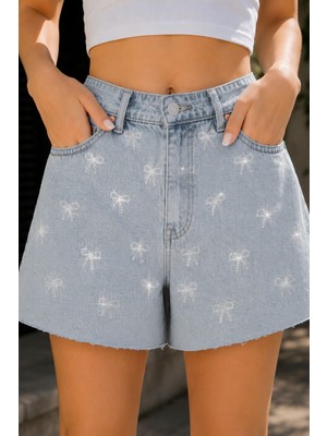 Cedy Denim Cedy Denım-Taş Işlemeli Premium Denim Şort - Normal Bel Detaylı Lüks Kot Şort E7016