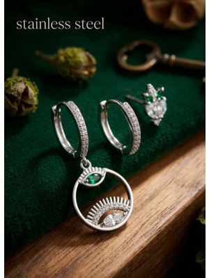 Stainless Steel Pirinç Zirkon Taşlı Göz ve Baykuş Model Gümüş Renk 3'lü Küpe Set