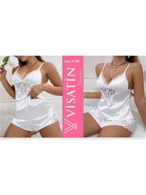 Visatin Kadın Beyaz Saten Şortlu Gelin Pijama Takımı - Kalp Dantelli Ip Askılı Gecelik Takımı 1139