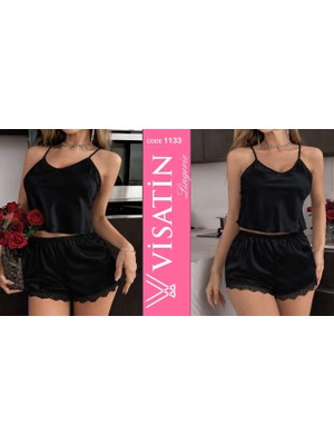 Visatin Kadın Siyah Saten Şortlu Pijama Takımı - Dantel Detaylı Ip Askılı Gecelik Takımı 1133