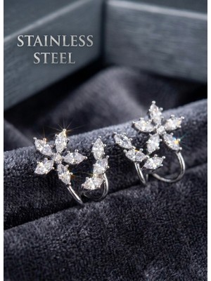 Stainless Steel Pirinç Gümüş Renk Zirkon Taşlı Çiçek Model Küpe