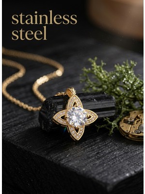 Stainless Steel 316L Çelik Zincir Gold Renk Yonca Model Kolye