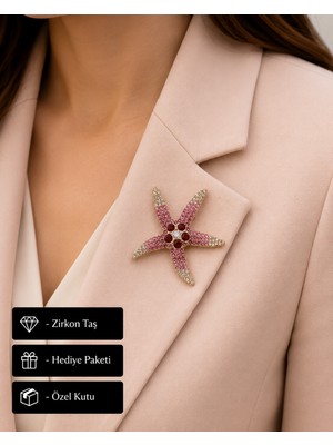 Herşey Nota Pembe Kristal Deniz Yıldızı Kadın Broşu | Zarif Taşlı Şık Hediye Premium