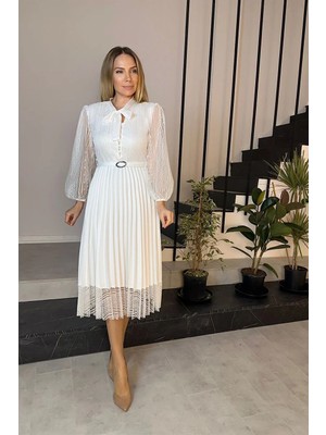 Ges Moda G0015 Dantel Detay Piliseli Elbise Beyaz