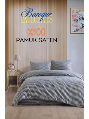 Loyal Home Baroque Gri Çizgili Saten Çift Kişilik Nevresim Takımı