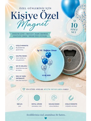 Isme Özel Açacaklı Magnet Iyi Ki Doğdun Bebek Hatırası Hediyeliği (58MM) 10 Adet