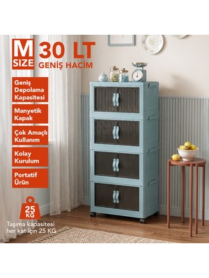 Lavine ”medıum” 4 Katlı Portatif Dolap Organizer 30LT Çok Amaçlı Mıknatıs Kapaklı, Katlanır, Tekerlekli