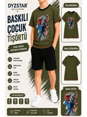 Dyzstar Baskılı Çocuk Tişörtü Haki Yeşil Kısa Kollu Penye Tişört 9-10-11-12 Yaş