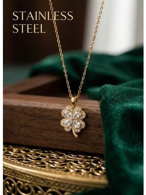 Stainless Steel 316L Çelik Zincir Gold Renk 4 Yapraklı Yonca Model Çelik Kolye