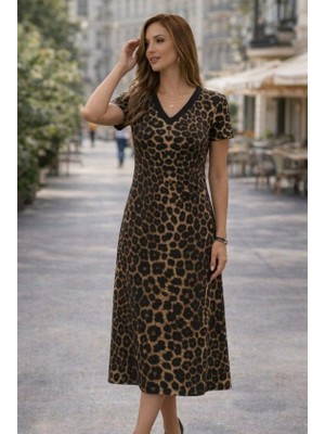 Veraura Lifestyle Kadın Kısa Kollu V Yakalı Leopar Desenli Kısa Süprem Elbise