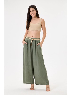 Della Moor Khaki Kadın Italyan %100 Keten Ip Kemerli Beli Lastikli Bol Paça Palazzo Pantolon 38 - 42 Beden