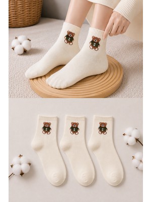 Ducks Socks Kadın Ayıcık Desenli Çorap Yumuşak Pamuklu 3’lü Paket Kısa Konç Günlük Çorap
