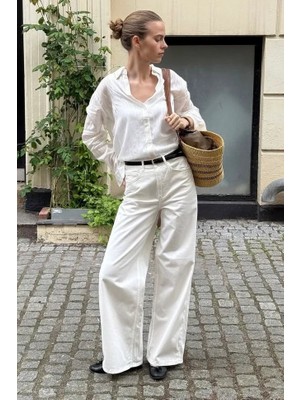 Madmext Ekru Yüksek Bel Wide Leg Kadın Jean MG2880