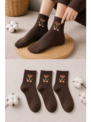 Ducks Socks Kadın Ayıcık Desenli Çorap Yumuşak Pamuklu 3’lü Paket Kısa Konç Günlük Çorap