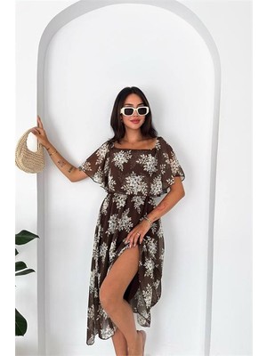 Neşeli Butik Kadın Kahverengi Madonna Yaka Şifon Desenli Midi Boy Elbise NBK091