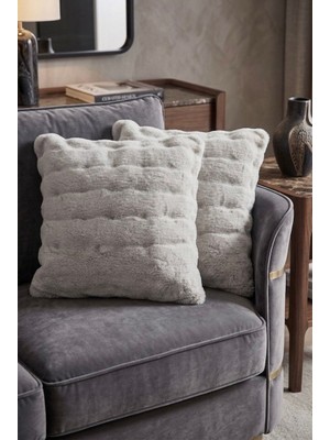 TCH Home Living Softcloud Bubble Tavşan Tüyü Peluş Dekoratif Ikili Yastık Kırlent Kılıfı Açık Gri 43X43 cm ( 2 Adet )