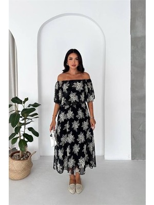 Neşeli Butik Kadın Siyah Madonna Yaka Şifon Desenli Midi Boy Elbise NBK091