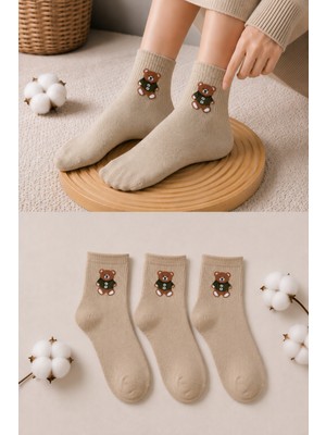 Ducks Socks Kadın Ayıcık Desenli Çorap Yumuşak Pamuklu 3’lü Paket Kısa Konç Günlük Çorap