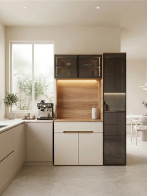 Ceviz Kahve Köşesi LED Işıklı Kahve Köşesi Ünitesi Modern Tasarım Ceviz Renk 200 cm Yükseklik 125 cm Genişlik