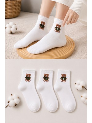 Ducks Socks Kadın Ayıcık Desenli Çorap Yumuşak Pamuklu 3’lü Paket Kısa Konç Günlük Çorap