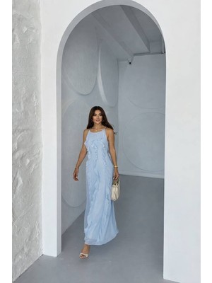 Madame Melek Kadın Maxi Boy Fırfır Detaylı Multisifon Elbise