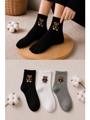 Ducks Socks Kadın Ayıcık Desenli Çorap Yumuşak Pamuklu 3’lü Paket Kısa Konç Günlük Çorap