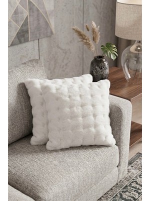 TCH Home Living Softcloud Bubble Tavşan Tüyü Peluş Dekoratif Ikili Yastık Kırlent Kılıfı Beyaz 43X43 cm ( 2 Adet )