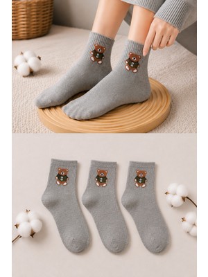 Ducks Socks Kadın Ayıcık Desenli Çorap Yumuşak Pamuklu 3’lü Paket Kısa Konç Günlük Çorap