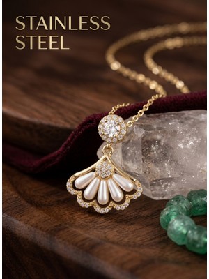 Stainless Steel 316L Çelik Zincir Gold Renk Yelpaze Model Çelik Kolye