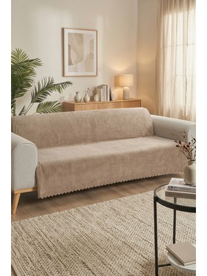 TCH Home Living Bambu Bej Süngerli Kayma Yapmaz Yumuşak Koltuk Örtüsü Puantiyeli Noktalı Şal Desen 170X210 cm