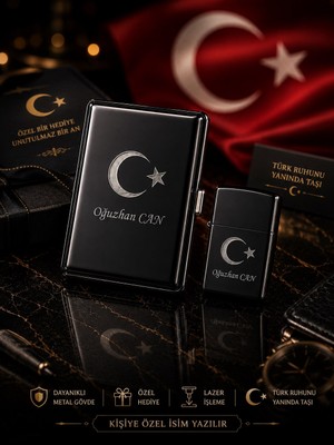 Kesene Isime Kişiye Özel Ay Yıldız Bayrak Lazer Işlemeli tabaka ve Benzinli Metal Çakmak Seti dolu Gönderim