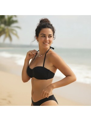 Bonbon Kadın Plaj Giyim Boyundan Bağlamalı Siyah Renk Bikini Üst BB2546