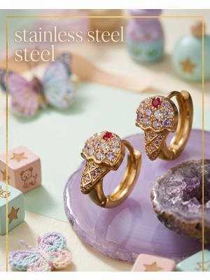 Stainless Steel Pirinç Zirkon Taşlı Dondurma Model Gold Renk Çocuk Küpe